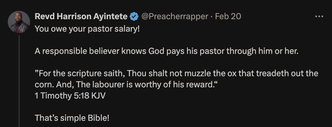 Why you owe your pastor salary - Reverend Harrison puts pressure
